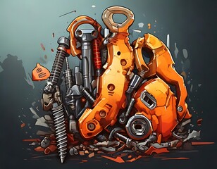Abstract pile of disassembled orange machinery parts