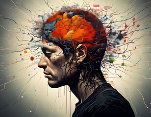 Abstract portrait of a person with a vibrant brain