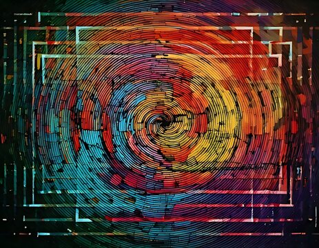 Abstract swirl design with vibrant colors and geometric frames