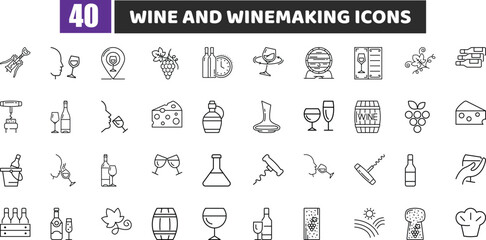 Wine and Winemaking Icons Set - Beverage and Vineyard Line Vector Collection