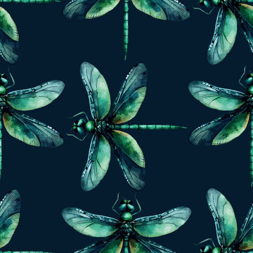 Green Dragonfly Watercolor Vector Insect Seamless Pattern