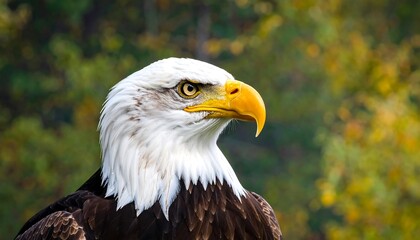 Obraz premium A detailed close-up profile view of a majestic bald eagle, showcasing its sharp, focused gaze and vibrant plumage against a blurred backdrop of autumnal foliage.