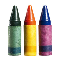 Three colorful crayons, green, orange, and blue