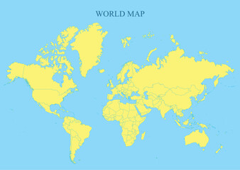 World Map – Flat Earth Globe in Yellow Colored Countries on Blue Background