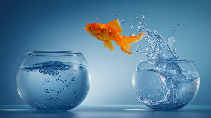 A vibrant orange goldfish leaping out of a small, round fishbowl filled with clear water, creating a dynamic splash as it jumps toward a larger, empty bowl beside it.