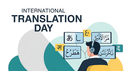 International Translation Day illustration with a person wearing headphones and text in different languages.