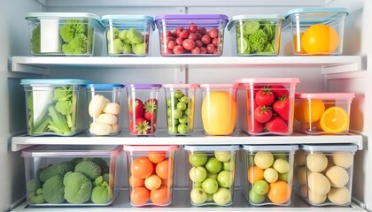Food in plastic containers on a shelf , fruits and vegetables , organized , colorful , clean , healthy food , in a fridge