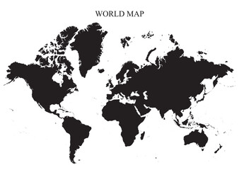 World Map Vector – Black Silhouette, Borderless Countries on White Background