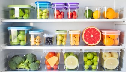 Food in plastic containers on a shelf , fruits and vegetables , organized , colorful , clean , healthy food , in a fridge