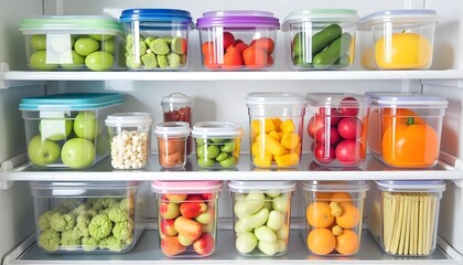 Food in plastic containers on a shelf , fruits and vegetables , organized , colorful , clean , healthy food , in a fridge