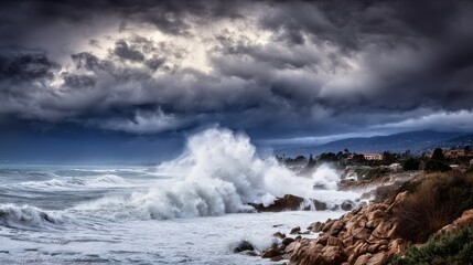 Fototapeta premium Stormy sea with dark clouds and massive crashing waves against cliffs, dramatic high-resolution seascape and powerful nature concept.