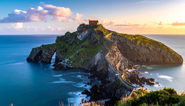 Dramatic coastal scenery showcases a dramatic rock formation with a small structure, a natural archway, and a winding path, bathed in the warm hues of sunrise or sunset. - Powered by Adobe