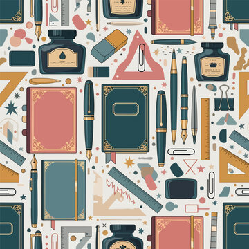 A seamless pattern featuring various stationery elements such as pens, notebooks, and rulers arranged., patern seamless, royalty stock.