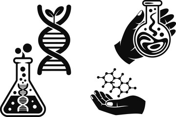 Science and research icons representing chemistry, biology, and DNA for modern branding and design