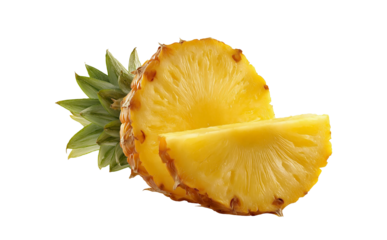 pineapple slices cut into a bundle, isolated on a white background. with a clipping path, the colors are in a yellow hue with green leaves, and the cut pineapple pieces are isolated on a white backgr