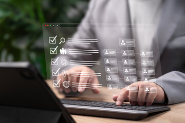 Hierarchical Structure of Teams and Employees Concept, Businessman Reviewing Corporate Organization Chart, Best Employees Checklist of HR Recruitment Process Online, Staff Allocation, Human Resources