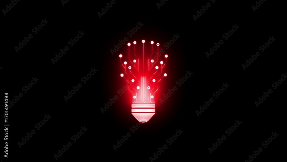 Poster glowing red circuit board light bulb on black background symbolizing energy and a powerful idea tech