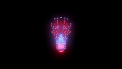 Dual-toned red and blue neon circuit board light bulb on black background representing complex ideas and digital connections