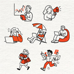 Business Lifestyle Illustrations &ndash; Remote Work, Stress, Communication, Shopping, and Teamwork Scenes