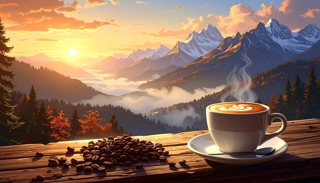 A breathtaking mountain vista at sunrise, with a steaming cup of coffee and scattered coffee beans on a rustic wooden table. - Powered by Adobe