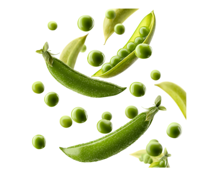  peas falling from the sky, white background, clip art style, realistic photo, pea pod and green plants flying in the air, isolated on a white background, no shadows, no text. 