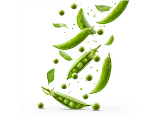 peas falling from the sky, white background, clip art style, realistic photo, pea pod and green plants flying in the air, isolated on a white background, no shadows, no text.