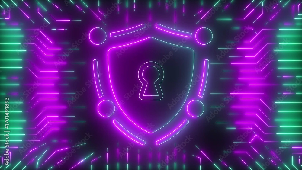 Poster neon shield icon with keyhole symbol and circuit board pattern in purple and green hues cybersecurit