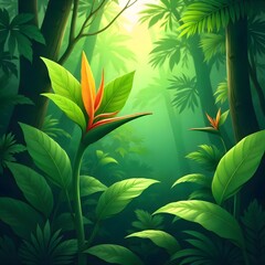 Fresh green tropical foliage of palm and bamboo plants glistens in the morning sun, creating a vibrant natural pattern