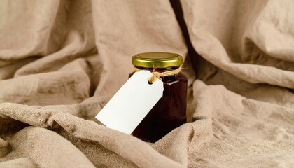 Jam Jar with Blank Label on Linen Fabric
