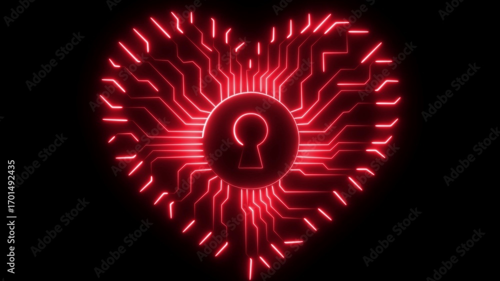 Poster red glowing circuit board in the shape of a heart with a keyhole in the center technology digital