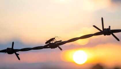 A small insect rests on a barbed wire fence as the sun sets, casting a warm, golden light across the landscape.