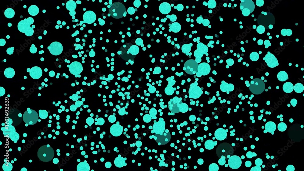 Poster teal circles and particles floating against a black background abstract