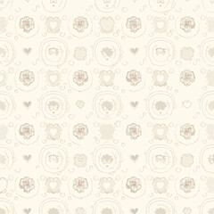 Fototapeta premium Whimsical seamless pattern featuring sheep, hearts, and flowers in a soft pastel color palette, patern seamless, Stock royalty free.