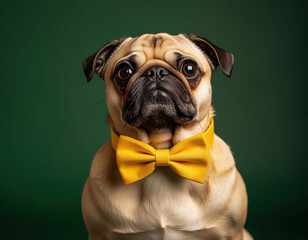 A charming pug is seated confidently while wearing a bright yellow bow tie. The dog displays a curious expression and sits against a smooth green backdrop, highlighting its playful nature.