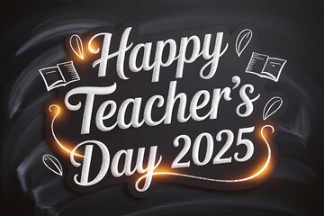 Happy teacher's day 2025 glowing chalk lettering on blackboard with educational symbols and confetti