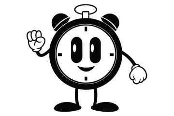 Animated Alarm Clock Character with Smiling Face and Gloves on White Background