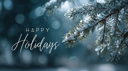 a christmas background with snow covered tree branches and the text "Happy Holidays"