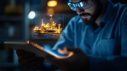 Oil industry innovation engineer analyzing data on tablet oil rig background technology industrial environment close-up view future insights