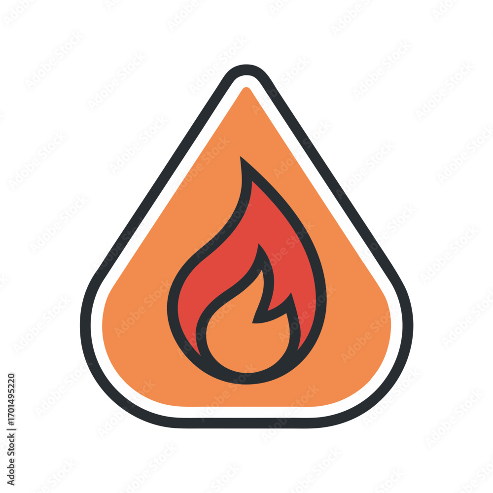 Poster stylized icon of a flame within an orange triangle on transparent background