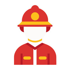 Stylized flat icon of a firefighter in red uniform and helmet