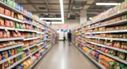 A blurred, bokeh shot of a supermarket aisle with shelves full of consumer products