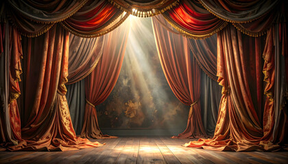 A stage scene with multiple layers of red curtains illuminated by spotlights