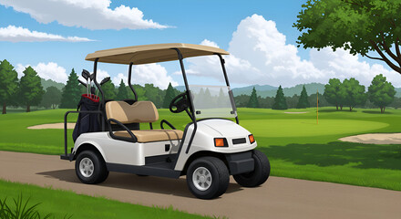 White golf cart with tan seating, parked on a paved path on a sunny golf course. Golf clubs are visible in a golf bag on the cart.