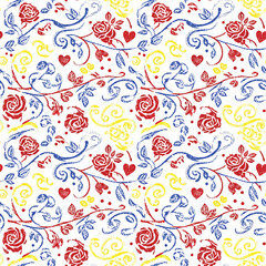 Naklejka premium Whimsical floral pattern with red roses, blue vines, yellow swirls, and heart shapes on a white background, seamless pattern, Stock royalty image.