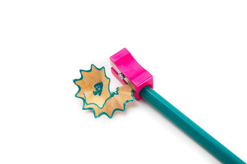 Pencil sharpener isolated on white background. Pencil and pencil shavings. Stationery. School supplies. School products. Flat lay. Place for text. copy space.