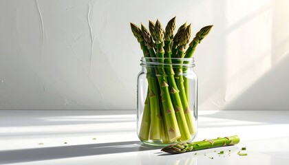 A bunch of fresh asparagus spears are nestled within a clear glass jar, showcasing vibrant green hues against a bright white backdrop.