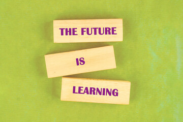 Concept of Intelligence, science and mind. THE FUTURE IS LEARNING assembled from blocks on a light green background, top view