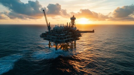 Oil rig operations at sunset over the ocean aerial view industrial photography in a marine environment