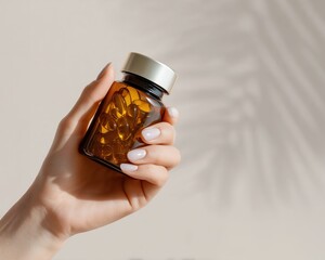 Close-up of a female hand holding a small amber bottle with golden softgel capsules in natural soft lighting