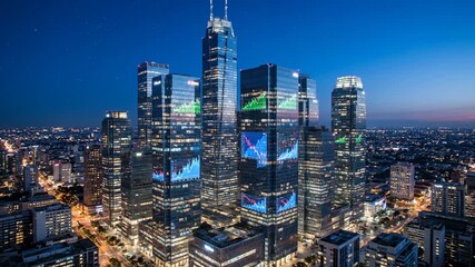 Night View of Modern Skyscrapers with Financial Data Displays - Powered by Adobe